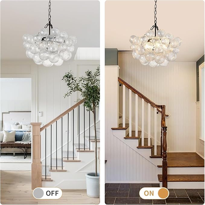 Nordic Bubble Ball Swirled Modern Chandelier,Dia 20 Inch Bubble Chandelier Lighting, Black and Clear Glass Chandelier,for Bedroom Study Restaurant