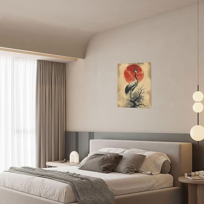 Japanese Crane Wall Art Oriental Asian Wall Decor Sandhill Crane Canvas Pictures Paintings Prints Japan Traditional Aesthetic Artwork Framed Chinese Decorations For Bedroom Living Room Office Gifts 12" x 16"
