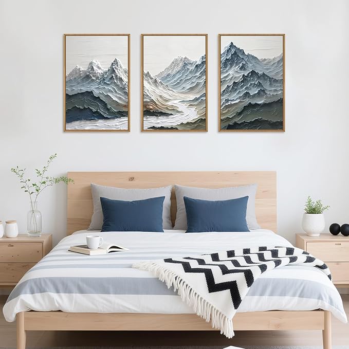 Large Snow Mountain River Framed Canvas Wall Art Set,Modern Abstract Nature Landscape Wall Decor,Neutral Blue and White Ridge Scenery Artwork for Living Room,Bedroom,Office-16 x24 x3