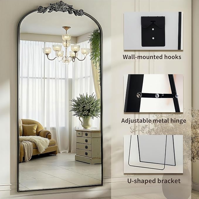 Arched Full Length Mirror, 71"x32" Full Body Mirrors with Carved, Floor Mirror for HomeDecor, Standing/Halling Large Wall Mirror for Bedroom, Living Room, Cloakroom, Black, Retro Style