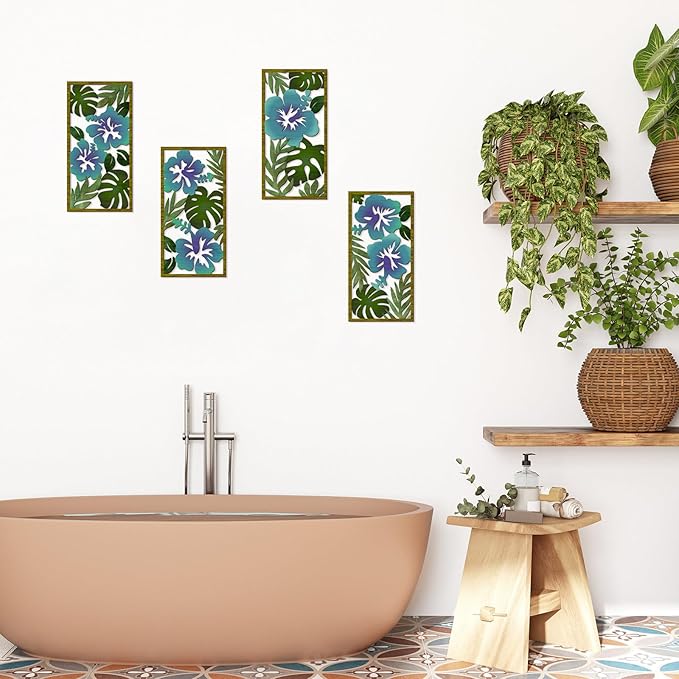 4 Pcs Tropical Wall Decor Cutout Wooden Palm Leaf Wall Art Minimalist Monstera Sculptures Wood Hibiscus Flowers Hanging Decor Vintage Plant Plaque for Home Bathroom Office (Fresh)