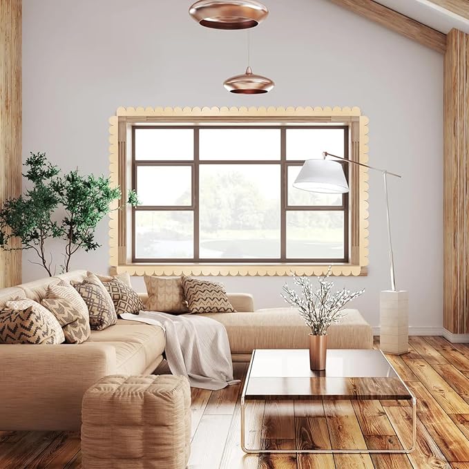 12Pcs Unfinished Scalloped Decorative Wood Trim with Glue Dots, 15.75" x 1.57" Scalloped Wooden Edging Trim Cute DIY Moulding Trim for Home Wall Cabinet Window Door Decor, Interior & Exterior Use