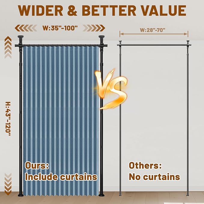 AJAZZ Room Divider Curtain (Blue, W100 x L96 in, 1 Panel)+ Tension Curtain Rod No Drilling (H) 43-120×(W) 35-100 in, for Privacy/Soundproof Curtains, Heavy Duty Wall Separator