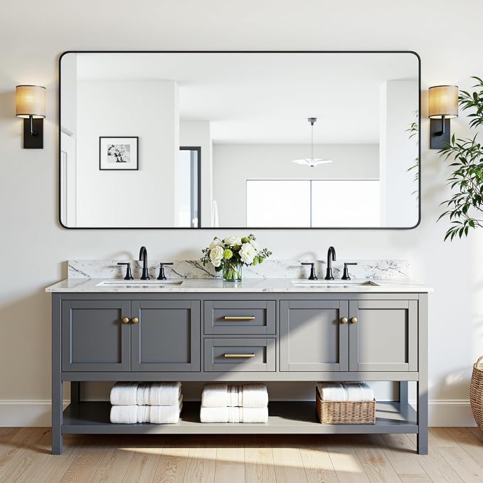 Antok Wall Mirror, 30"x55" Bathroom Vanity Mirror, Anti-Rust HD Tempered Glass, Wall Mounted Mirrors for Living Room, Entryway, Black Frame, Rect