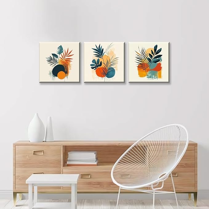 NAN Wind 3Pcs Modern Abstract Botanical Canvas Wall Art Colorful Leaf Prints Contemporary Floral Art for Living Room Minimalist Plant Decor Geometric Canvas Set Ready to Hang for Home Decor