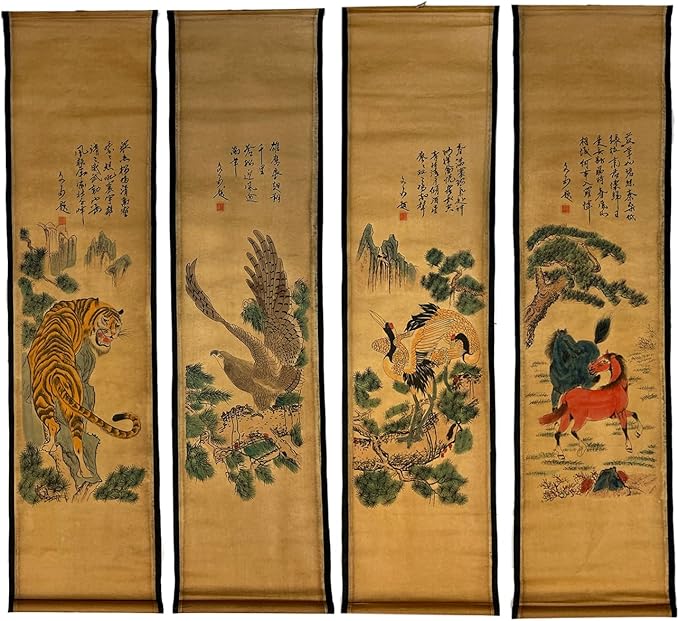 CIFIBIFUN Wall Asia Art Prints Posters Painting Vintage,4 Panels Old Paper Scroll Eagle Crane Tiger Horse Walls Decor for Living Room Bedroom Animal Print