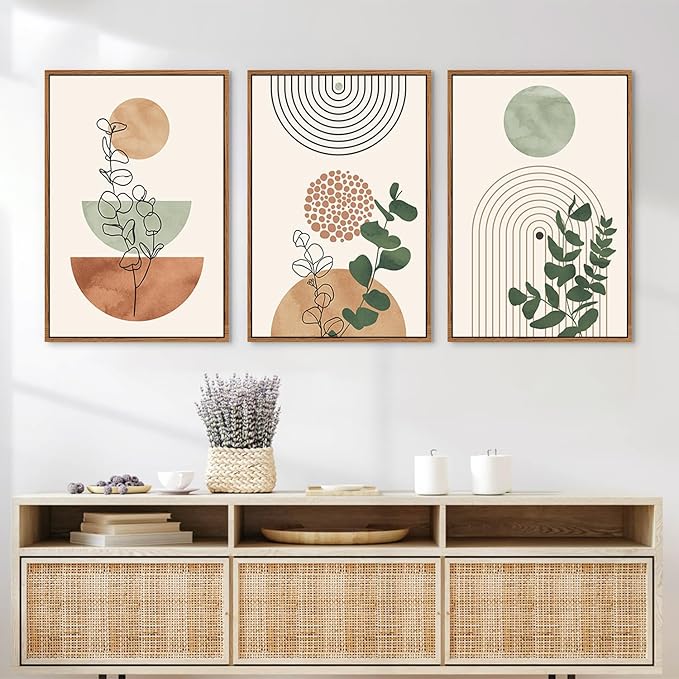 Ausril Boho Terracotta Green Framed Canvas Wall Art Set, Abstract Plant Wall Decor, Mid Century Modern Geometric Wall Painting, Neutral Abstract Art Print to Living Room, Bedroom, Office 36"x24"x3
