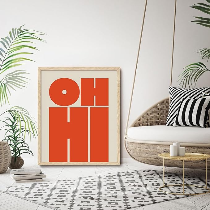 KISSFOX Retro OH HI OAK Wood Framed Wall Art Farmhouse Typography Canvas Art Prints Modern Mid Century Quote Pictures Wall Decor Rustic Southwestern Artwork For Gallery Bistro Entryway Living Room