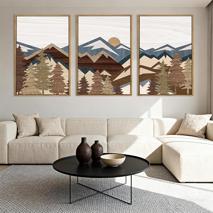 BINCUE Large Boho Mountain Canvas Framed Wall Art Set of 3 Forest Mountain Sun Wall Decor Boho Artwork for Living Room Bedroom Office 24x36 Inch Gift