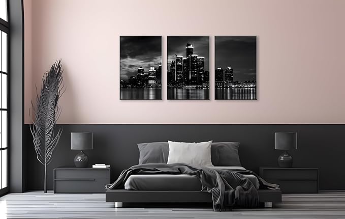 NAN Wind 3 Pcs Wall Art Beautiful Detroit Skyline Black & White Canvas Art Paintings For Room Decor Cityscape Skyscrapers Night Scene Picture Prints On Canvas For Home Decor Modern Giclee Framed