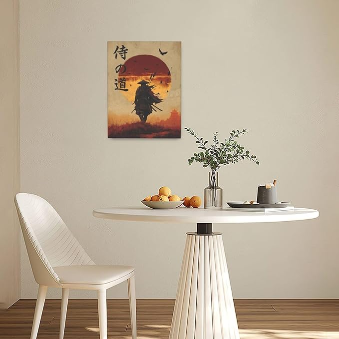 Japanese Samurai Wall Art Oriental Asian Bushido Wall Decor Warrior Figure Canvas Pictures Paintings Prints Japan Traditional Aesthetic Artwork Framed Decorations For Bedroom Living Room Office Gifts 12" x 16"