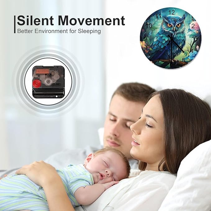 Blue Owl Watercolor Cartoon Round Wall Clock, Forest Flower Butterfly Background Handsome Owl Bird Theme, Wooden Silent Wall Decoration Wall Clock For Boys' And Girls' Bedrooms 12x12INCH