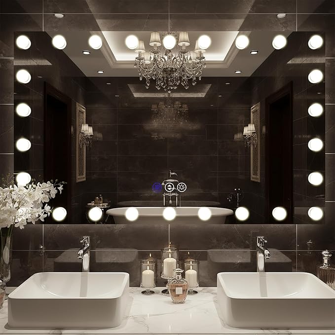 60x36 Hollywood Lit Bathroom Mirror with LED Bulbs, Colors Changeable & Brightness Dimmable, Anti Steam, Memory Function, ETL Listed, Tempered Glass, Wall Mountable, Horizontal/Vertical