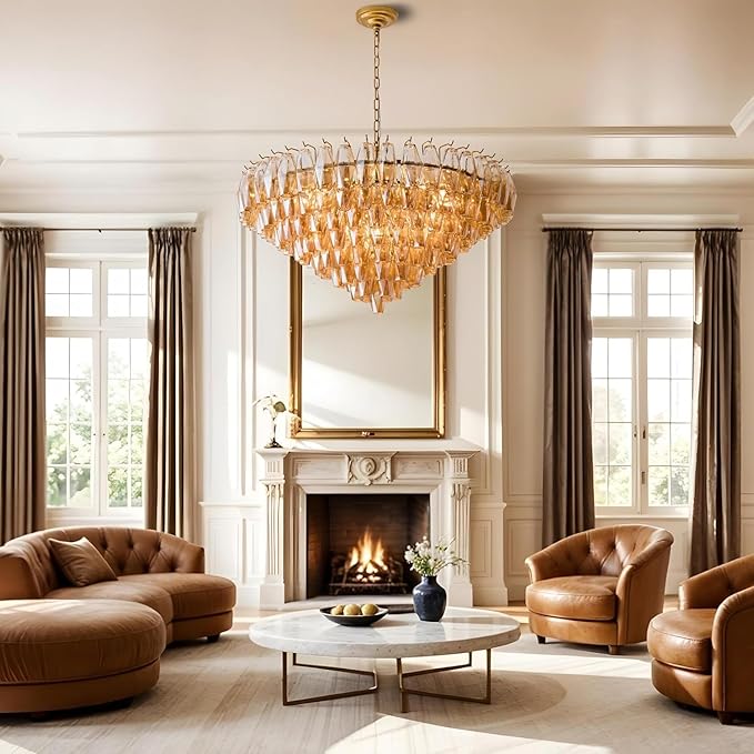 37" Extra Large Chandelier, 14-Light Gold Modern Round Chandelier for Living Room, Tiered Smoke Blown Glass Brass Chandeliers, Hanging Light Fixture for Bedroom, Dining Room, Foyer, Entryway
