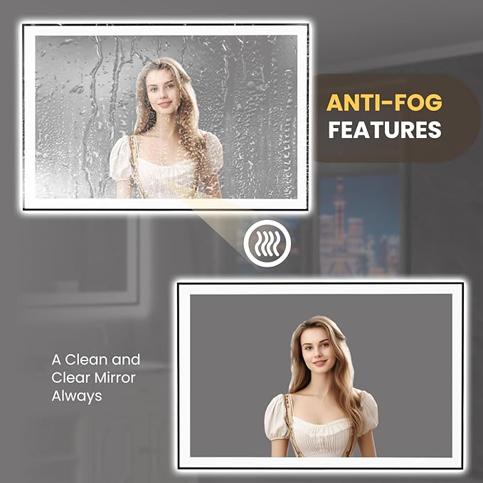 LOAAO 55"X36" LED Bathroom Mirror Black Framed, Anti-Fog, Dimmable, Lighted Bathroom Vanity Mirror for Wall, Memory Function, Tempered Glass