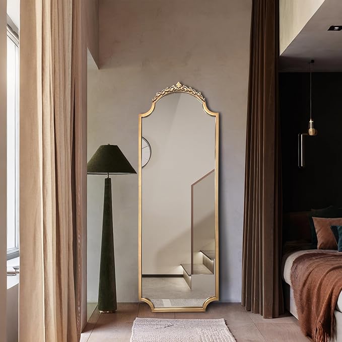 Large Gold Arched Mirror, 61"x22" Vintage Floor Mirror for Dressing, Ornate Baroque Mirrors Full Length, Traditional Carved Mantel Mirrors for Living Room Bathroom Bedroom Entryway