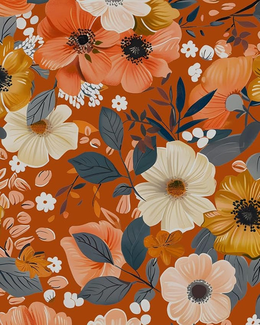 Orange Wallpaper Peel and Stick Retro Floral Contact Paper Self Adhesive Removable Waterproof Easy Peel Off Wall Paper Stick on Bedroom Cabinet Renter Friendly 17.5 x 118In