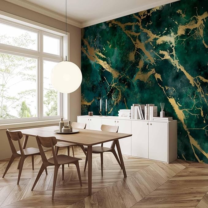 artgeist Premium Wall Mural Faux Stone 118x83 in - XXL Non-Woven Wallpaper Fleece Wall Decor Photo Print Picture Image Design Home Marble Abstract 3D Gold Green f-A-10004-a-a