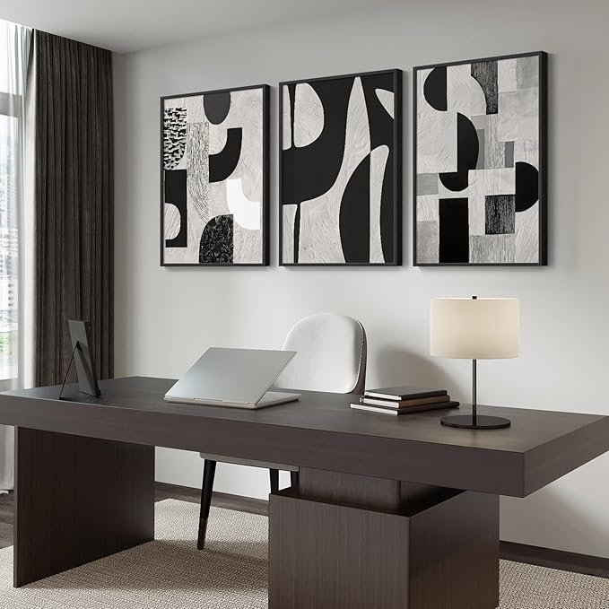 Large Framed Black and White Abstract Wall Art for Living Room, 3 Piece Modern Canvas Prints Paintings Artwork for Walls, Minimalist Geometric Pictures for Entryway Hallway Office Wall Decor 24x36 In