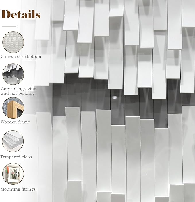 BrightA White 3D Wave Wall Sculpture - Heat-Formed Acrylic Strips Art with Dynamic Shadow Play, Solid Wood Frame Contemporary Artwork for Modern Interiors 31.5" x 47.2"