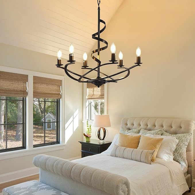 Black Chandelier, 6-Light Farmhouse Chandeliers for Dining Room, Rustic Kitchen Island Lighting, Modern Chandelier for Living Room, Hanging Pendant Lights for Bedroom, Foyer, Staircase, Entry