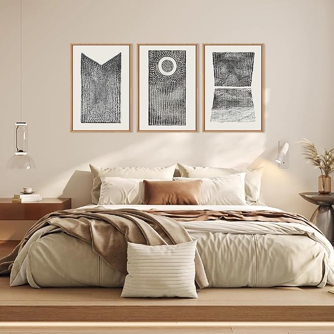 Abstract Dot Pattern Framed Canvas Wall Art Set,Minimalist Black and White Wall Decor,Neutral Geometric Print,Modern Circle Boho Mid Century Artwork for Living Room,Bedroom-24 x36 x3