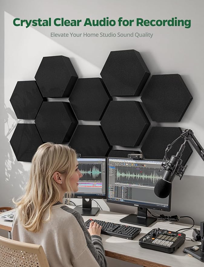 Acoustic Foam Panels, 1.57" & 2.75" Dual-thickness, 12 Pack Sound Absorbing Foam Tiles for Walls, Doors, Ceiling, 12" x 10" 3D Hexagon Decorative Art Panels for Recording Studio, Room, Pared (Black)
