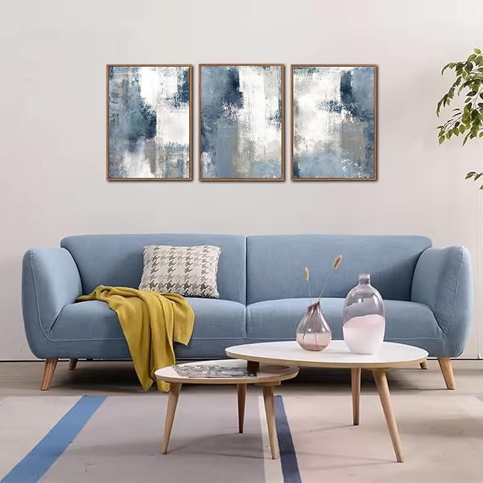 LHIUEM Large Navy Blue and Gray Framed Canvas Wall Art Set of 3(12”X16”) Modern Abstract Wall Decor Brush Strokes Block Shape Artwork Minimalist Neutral Blue Printing for Living Room Bedroom Office