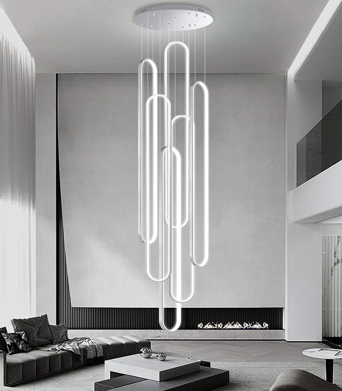Modern Large Chandelier for Foyer 6 Rings LED Dimmable Silver Chandeliers High Ceiling Chandelier for Staircase Living Room Villa Sliver