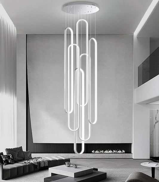 Modern Large Chandelier for Foyer 6 Rings LED Dimmable Silver Chandeliers High Ceiling Chandelier for Staircase Living Room Villa Sliver