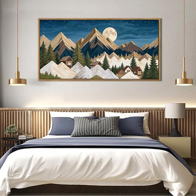 Large Mountain Wall Art Framed Rustic Wood Mountain Wall Decor for Living Room Bedroom Dining Room Office 20x40 Inch Single Artwork
