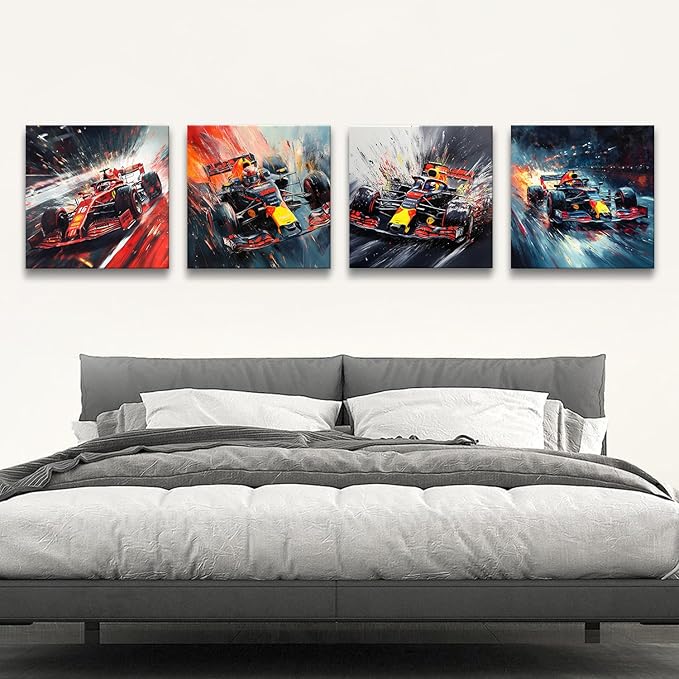 Abstract Supercar Wall Art for Man Cave Colorful Formular Car Pictures Cool Boys Bedroom Posters Black and White Cyberpunk Vehicle Canvas Prints Sport Artwork Playroom Office Home Decoration 20x20" 4P