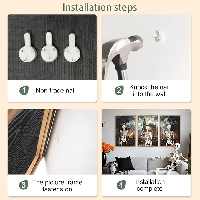 CHDITB Spooky Skeleton Framed Canvas Wall Art Set, Pumpkin Wall Decor, Strange Haunted Mansion Art Wall Painting, Vintage Gothic Skull Art Prints for Living Room, Halloween Party Decoration 16"x24"x3