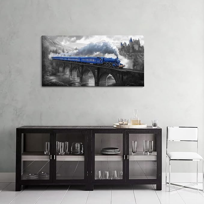 JEAWA Canvas Prints Wall Art - Blue Gray Canvas Painting, Train Artwork Print for Bedroom Bathroom Dining Room Home Office Decor, Great Bridge and Castle Picture, 20 x 40 In