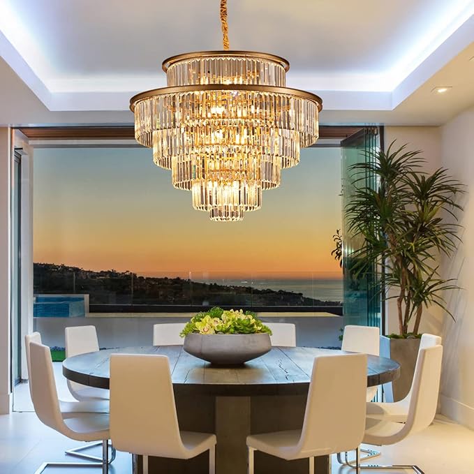 35" 24-Light Modern Crystal Chandelier Light Fixture Large 6-Tier Gold Luxury Chandeliers for Dining Room Round Hanging Pendant Lighting for Living Room Kitchen Entryway Bedroom Foyer Lobby