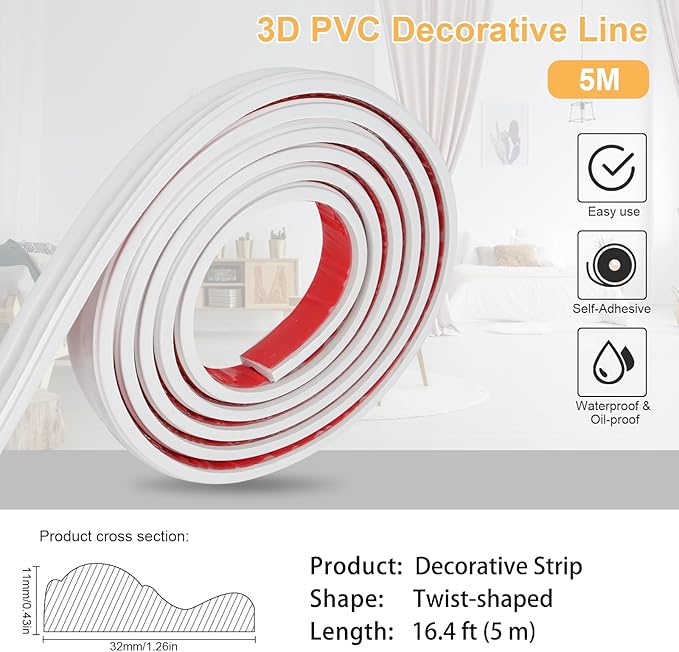 16.4ft Peel and Stick Molding Trim for Walls, Flexible Self-Adhesive Panel Moulding for Wall Ceiling Floor Cabinet Tile Edges Mirrior Frame DIY Chair Rail Panel Moulding (White 16.4ft)