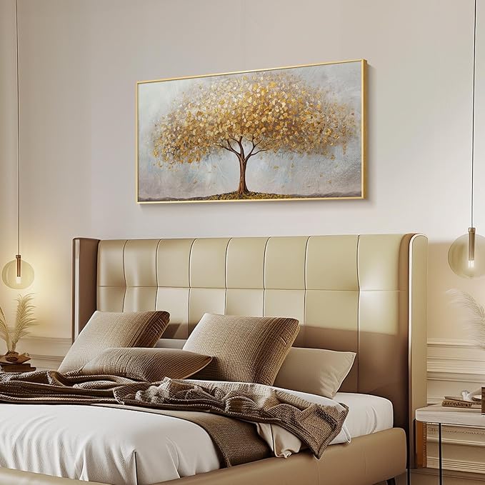 Large Framed Tree of Life Gold Wall Art, Modern Canvas Prints Paintings Artwork for Walls, Luxury Golden Big Tree Pictures for Bedroom Dining Room Fireplace Office Living Room Wall Decor