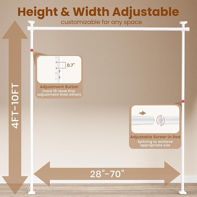 Bonpally Room Divider Curtain Rod, No Drilling Room Separator for Space Partition, 4-10ft (H) 28-70 inch(W) Adjustable Heavy Duty Temporary Wall Divider Floor to Ceiling Tension Rod, White