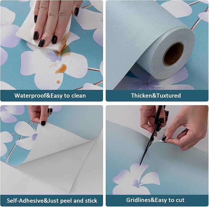 Blue Flora Peel and Stick Wallpaper 20.8"x394" Thick Slight Embossed Linen Textured Wall Paper Self-Adhesive Removable Wallpaper Vinyl Film Roll for Home Use(Blue Flora, 20.8"x394")