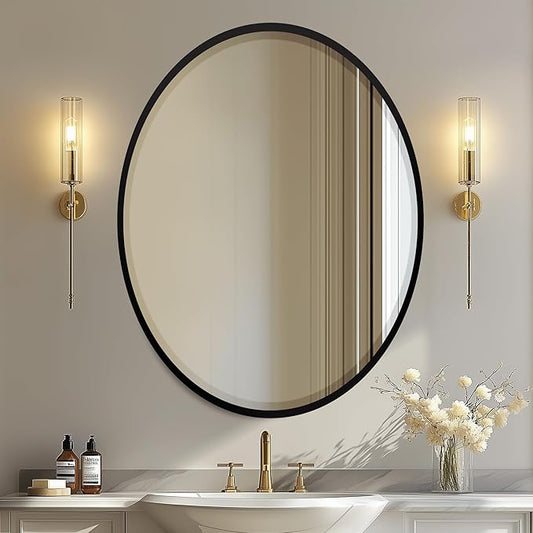 OVALCREST - Oval Wooden Beveled Wall Mirror for Home Decor, Bathroom, Vanity, Bedroom, Living Room, Hallway - London Style (Matte Black) 25.1 x 19.1
