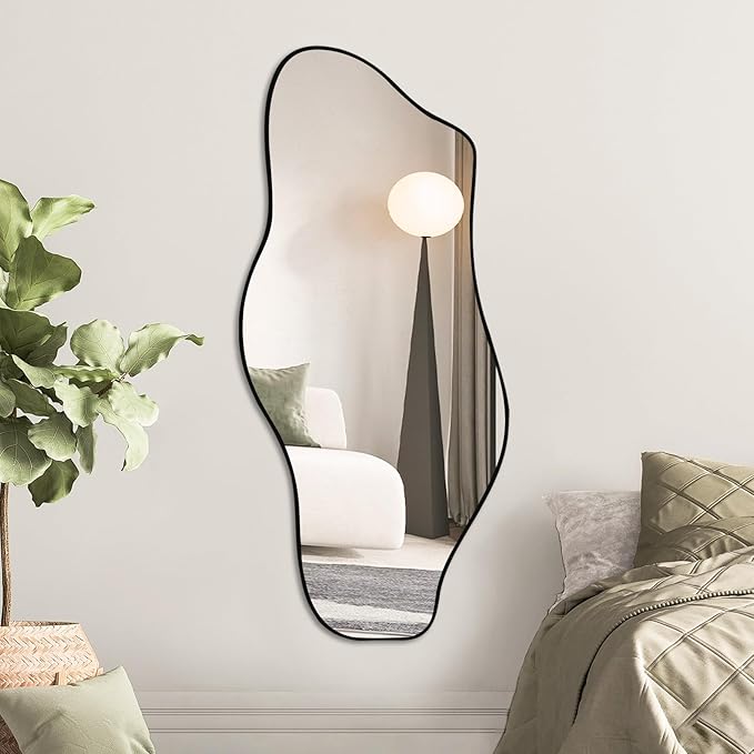 Large Irregular Wall Mirror, 47.2"x21", Black Asymmetrical Modern Oblong Wavy Cloud Mirror for Living Room, Bathroom, Entryway, Dining Room