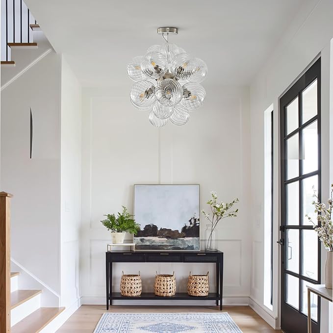 Modern Nickel Glass Bubble Chandelier: 18.5" Nordic Swirled Glass Bubble Light Chandelier - Globe Ball Dining Room Light Fixture Chandeliers for Entryway Foyer Bedroom Bathroom Kitchen Living Room
