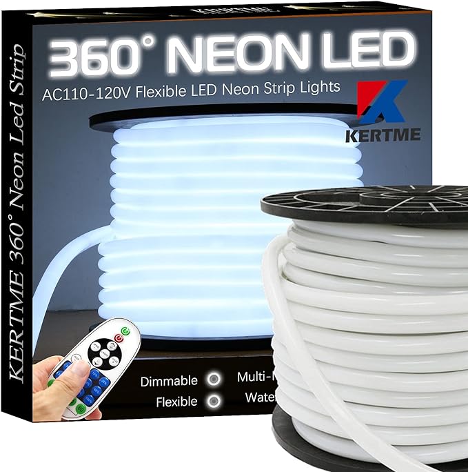 360° Neon Led Type AC 110-120V 360 Degree NEON LED Light Strip, Flexible/Waterproof/Dimmable/Multi-Modes LED Rope Light + Remote for Home/Garden/Building Decor (32.8ft/10m, White 6000K)