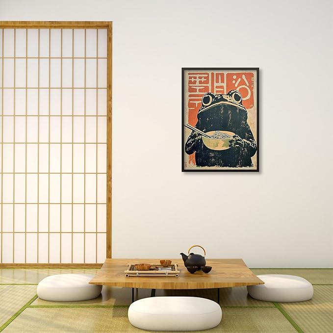 Black Framed Canvas Wall Art Posters Vintage Japanese Frog Prints Funny Frog Eating Ramen Unique Kitchen Decor Artwork 20X28 inch for dining Room Bedroom or Living Room Decoration