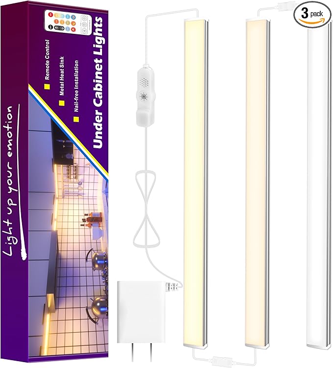maylit Under Cabinet Lights Plug in, 3 Pcs 12 Inch Multi-Color Under Cabinet Lighting, Bright Under Counter Lights for Kitchen, Ultra Thin Dimmable Light for Cabinet, Counter, Workbench, Desk
