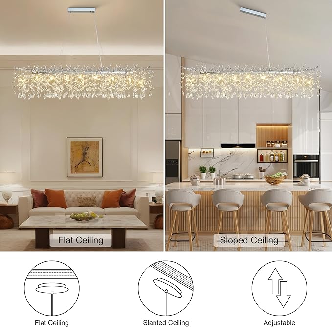 60" Modern Crystal Chandelier, 16-Light Silver Tree Branch Chandelier for Dining Room, Luxury Rectangular Raindrop Chandeliers for Kitchen Island, Living Room, Foyer, Contemporary K9 Light Fixture