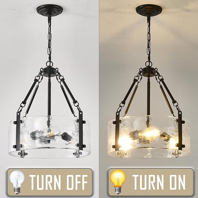 Black Dining Room Chandelier 16'' Modern Textured Glass Chandelier 3-Light Drum Crystal Light Fixture Vintage Farmhouse Round Hanging Lighting for Kitchen Island Over Table