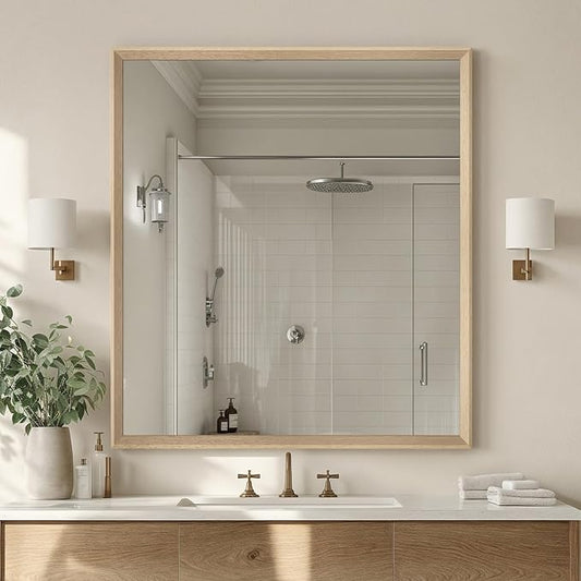 Oak Wood Effect Framed Wall Mirror, 36x40 Rectangle Mirror, 1/8" Anti-desilvering Tempered Glass, Sustainable& Sturdy Frame, Anti-Rust, HD Reflection &3min Fast Setup for Bathroom Living Room