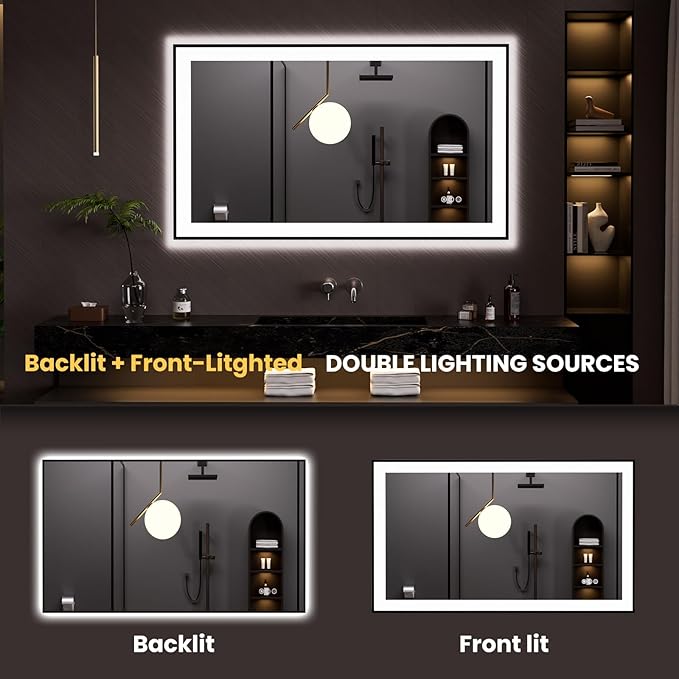 LOAAO 48"X28" LED Bathroom Mirror Black Framed, Anti-Fog, Dimmable, Lighted Bathroom Vanity Mirror for Wall, Memory Function, Tempered Glass