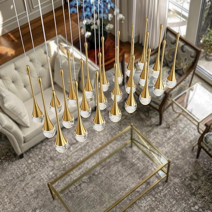 24-Lights Rectangular Chandelier Crystal Raindrop Chandeliers Flush Mount Ceiling Light for Dining Room Living Room High Ceiling Chandelier for Staircase Foyer Entryway Gold Chandeliers